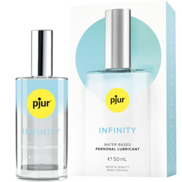 Flaconul de sticlă al lubrifiantului pjur Infinity Water-Based de 50 ml, cu cutia lui