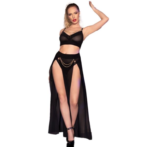 Set lenjerie Chilirose CR 4672 negru, cu top, fustă și tanga cu lanțuri aurii