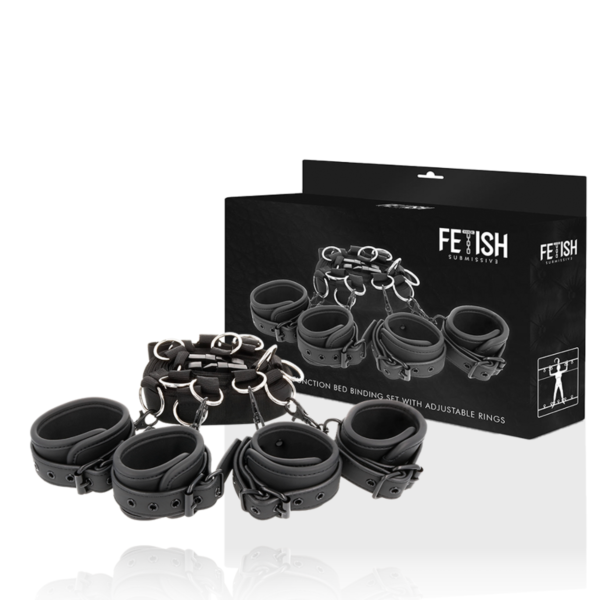Set de cătușe pentru pat Fetish Submissive Luxury cu neopren, cu chingi, cătușe pentru încheieturi și cătușe pentru glezne