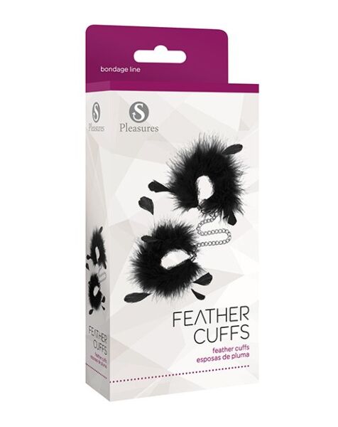 Cătușe S Pleasures Feather Cuffs, două cătușe cu pene unite printr-un lanț