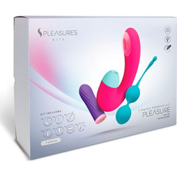 Kit S Pleasures Pleasure Kit cu vibrator bullet, stimulator dublu, bile Kegel, lubrifiant, soluție de curățare, pană și mască de ochi