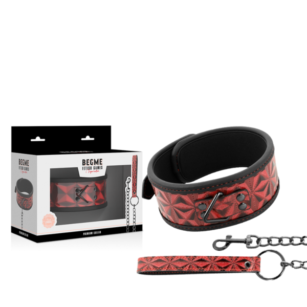 Zgardă BDSM Begme Red Edition din piele vegană, cu lanț metalic, inel pentru gât și curea