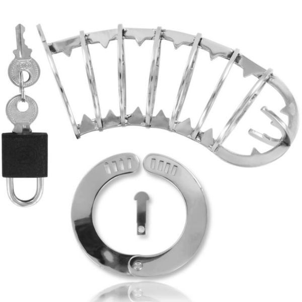 Cușcă de castitate Metal Hard 14 cm, cu șapte inele, cu inelul și lacătul ei