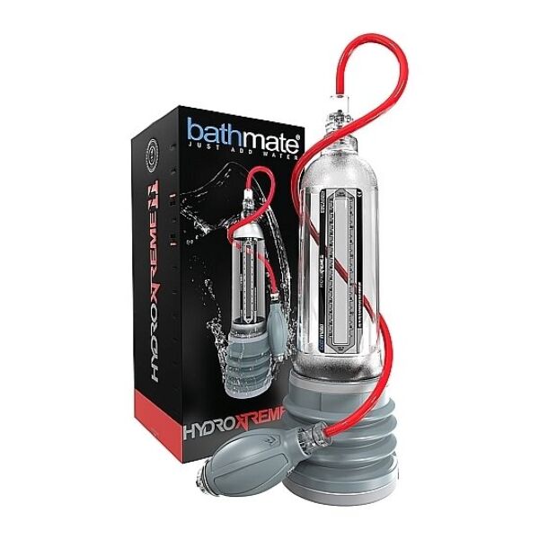 Pompă cu apă pentru penis Bathmate Hydroxtreme 11, transparentă, cu detalii gri și roșii, cu para manuală