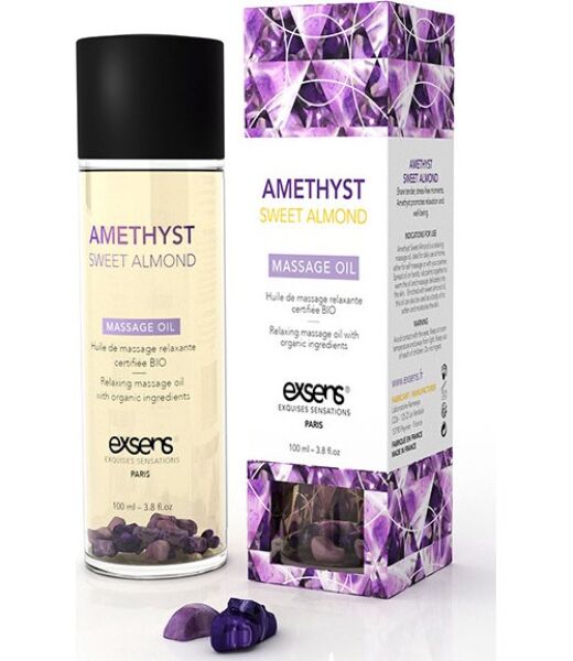 Flacon de ulei de masaj Exsens Relaxing Oil Amatista 100 ml cu pietre de ametist în interior