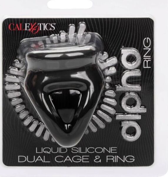 Inel pentru penis CalExotics Alpha Dual Cage & Ring, negru, cu inelul pentru scrot