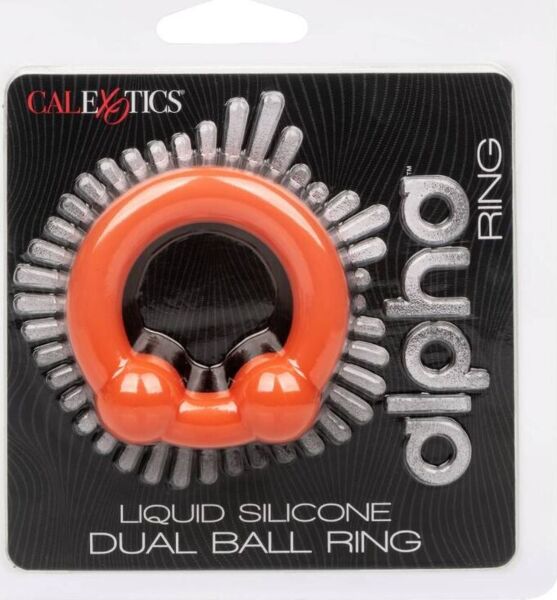 Inel pentru penis CalExotics Alpha Dual Ball Ring din silicon portocaliu, cu două bile