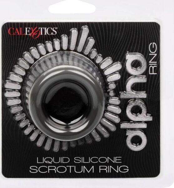 Inel pentru testicule CalExotics Alpha Scrotum Ring din silicon lichid gri, în formă curbată de clepsidră