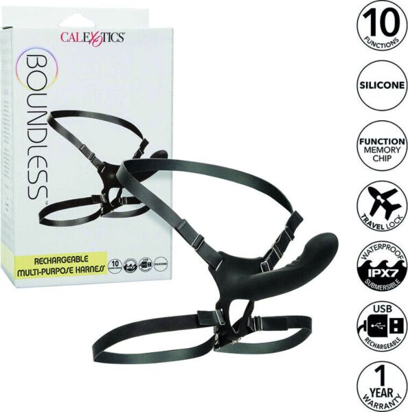 Ham strap-on CalExotics Boundless cu sondă cu vârf curbat și curele pentru talie și coapsă