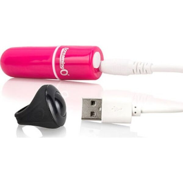 Vibrator bullet Screaming O Charged Vooom Remote roz, alături de telecomanda în formă de inel