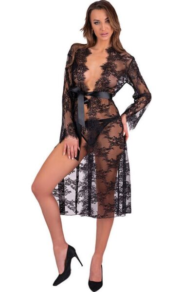 Halat negru transparent Livco Corsetti Mostina LC 90641, cu imprimeu floral și cordon în talie