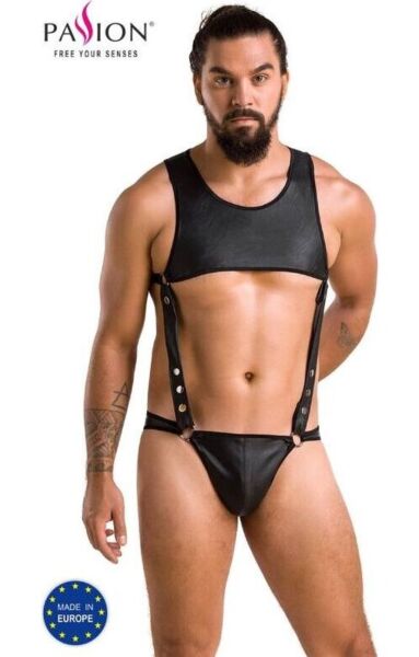 Body pentru bărbați Passion Body Adam din piele ecologică neagră, cu slip și crop top legate prin bretele
