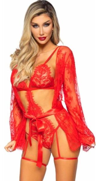 Set Leg Avenue All Romance 86123 în roșu, cu body din dantelă cu jartiere și halat scurt asortat