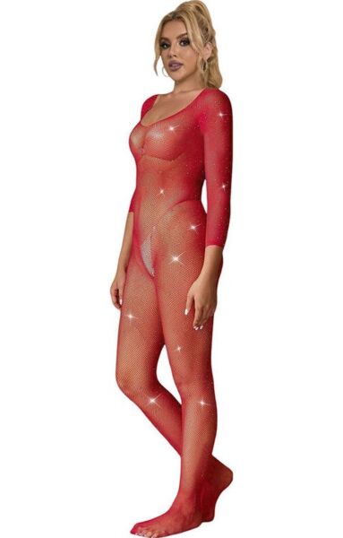 Bodystocking Subblime din plasă roșie cu model de diamante și mâneci lungi