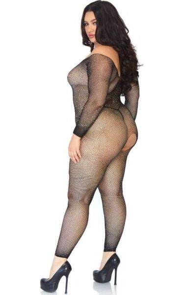 Bodystocking negru din plasă Leg Avenue Plus Seamless Fishnet, cu mâneci lungi și strasuri