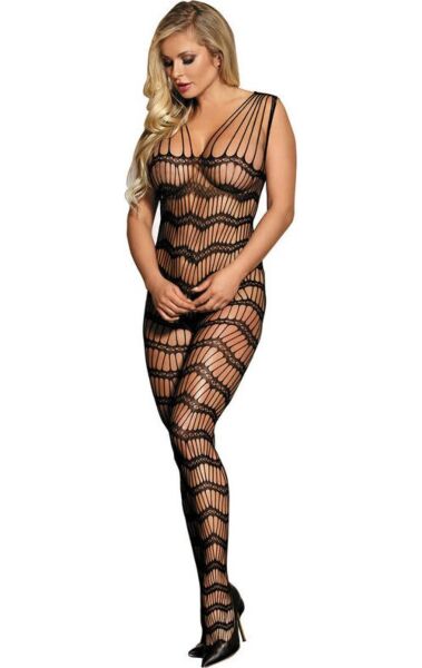 Bodystocking Subblime din plasă neagră, cu decupaj inghinal și bretele pe umeri