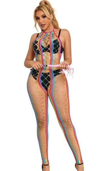 Bodystocking Subblime din plasă în culorile curcubeului, cu decolteu halter