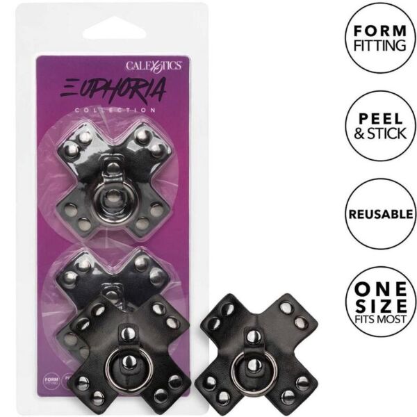 Acoperitoare adezive pentru sfârcuri CalExotics Euphoria O-Ring, negre, cu inel și nituri metalice