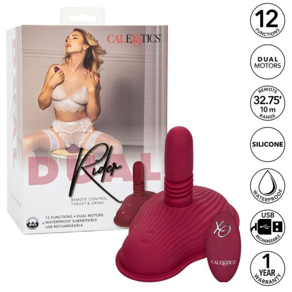 Vibrator de călărit CalExotics Dual Rider Thrust & Grind în roșu, cu telecomanda lui