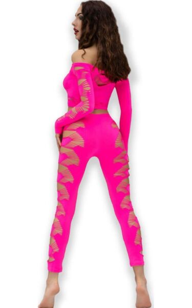 Set top și colanți Chilirose CR 4632 fără cusături, în roz neon