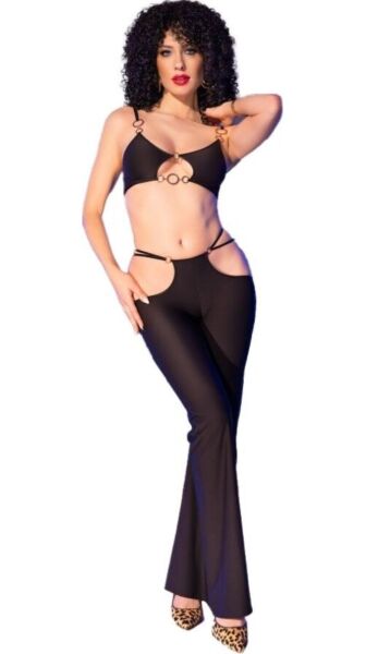 Set de lenjerie sexy Chilirose CR 4851, top negru cu inele aurii și colanți cu tăieturi laterale