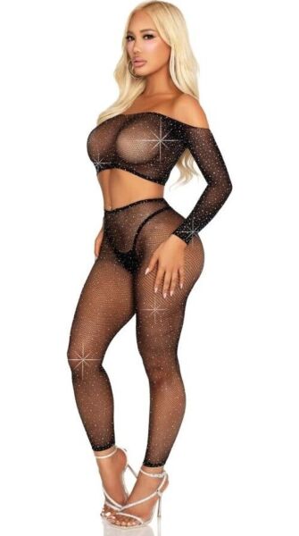 Set Leg Avenue Captivating Crush negru, top scurt și colanți din plasă cu strasuri