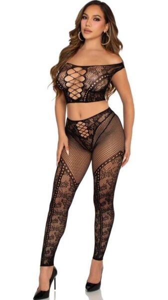 Set lenjerie Leg Avenue Love Me Tonight negru: crop top cu umerii dezgoliți și colanți din dantelă și plasă