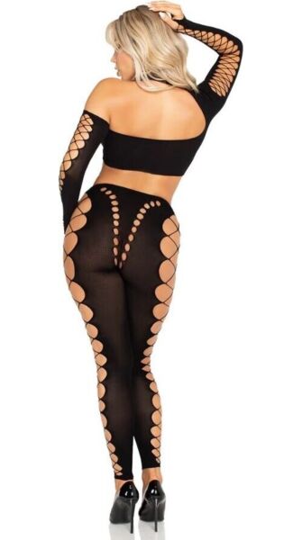 Set Leg Avenue Notorious cu top scurt asimetric și colanți fără labă, în culoarea negru