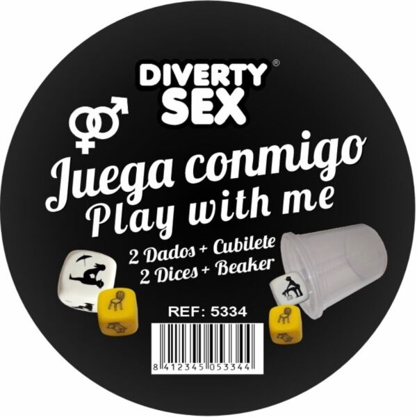 Joc cu zaruri erotice Diablo Picante Juega conmigo, cu două zaruri și pahar transparent