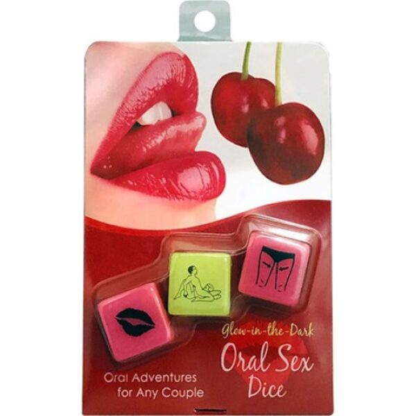 Cele trei zaruri erotice Kheper Glow-in-the-Dark Oral Sex Dice, două roz și unul verde