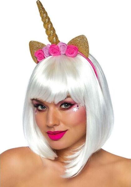 Diademă unicorn Leg Avenue Golden Unicorn Flower, cu corn auriu în spirală, urechi sclipitoare și trandafiri roz