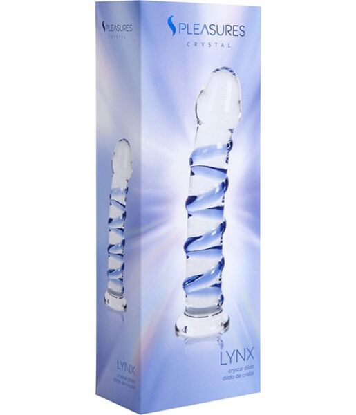 Dildo S Pleasures Crystal Lynx, transparent cu detalii albastre și reliefuri în spirală