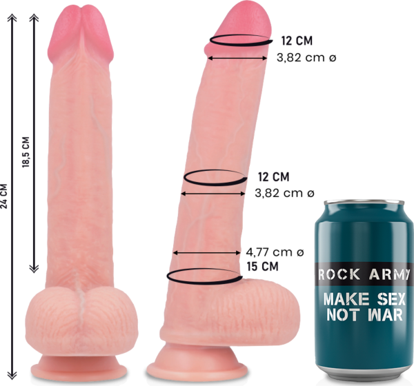 Dildo realist Rock Army Kingcobra de 24 cm, în culoarea pielii, cu bază cu ventuză