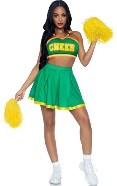 Costum de cheerleader Leg Avenue Bring It Baddie verde, cu top scurt, fustă plisată și pompoane galbene