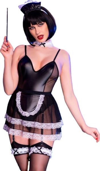 Costum de cameristă Chilirose CR 4628 cu body deschis, fustă cu șorț și bentiță