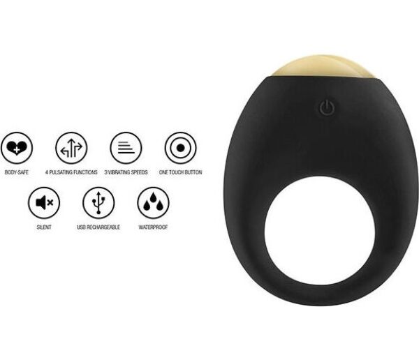 Inel vibrator ToyJoy Luz Eclipse din silicon negru, cu lumină LED multicolor