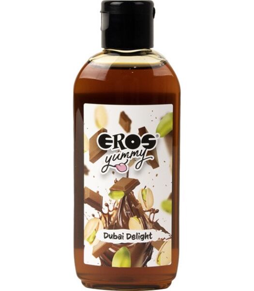Flacon de 100 ml cu lubrifiantul Eros Yummy Dubai Delight, cu gust de ciocolată și fistic