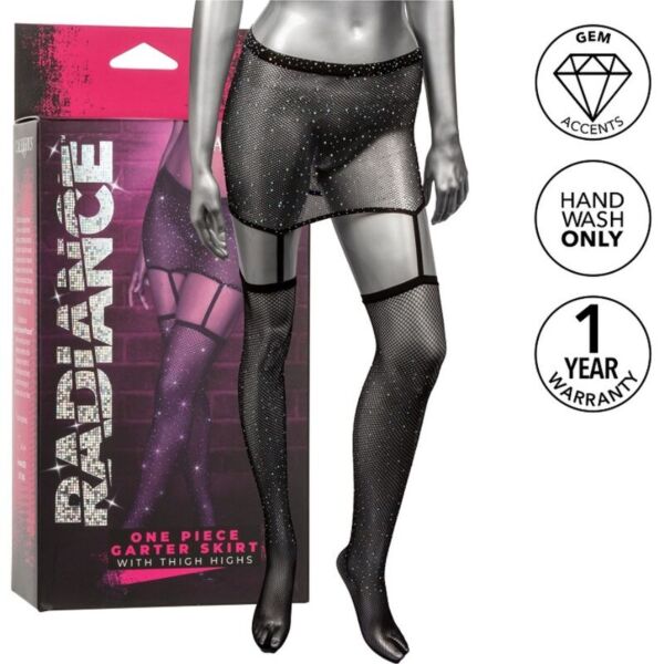 Ciorapi cu jartiere CalExotics Radiance Garter One-Piece, minifustă cu jartiere și ciorapi până la coapsă într-o singură piesă
