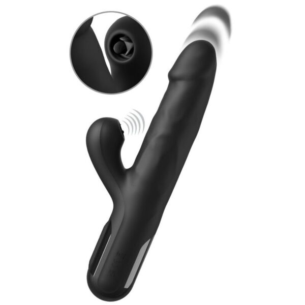 Vibrator rabbit negru Pipedream Sonix Silicone Thruster, cu corp texturat și braț clitoridian cu lamele