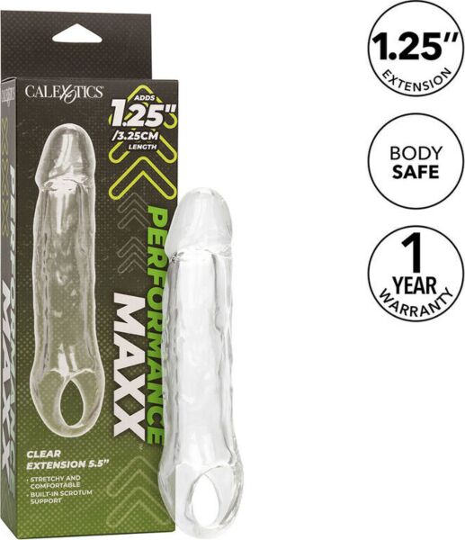 Manșon transparent pentru penis CalExotics Performance Maxx Clear Extension 5,5, cu curea pentru scrot