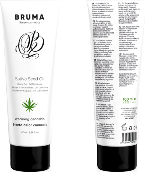 Gel lubrifiant Bruma Cannabis cu aromă de cannabis și efect de căldură, în format de 6 ml și de 100 ml