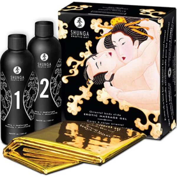 Set de gel de masaj corp la corp Shunga Oriental cu cearceaful său auriu