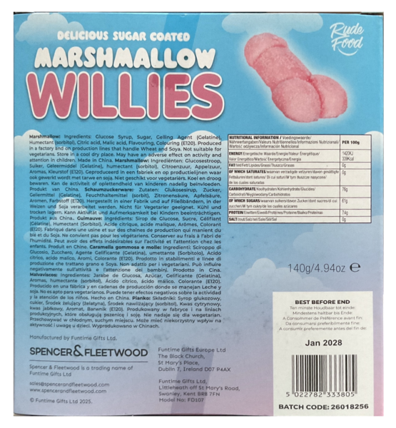 Ambalaj de marshmallow roz în formă de penis Marshmallow Willies de la Spencer & Fleetwood