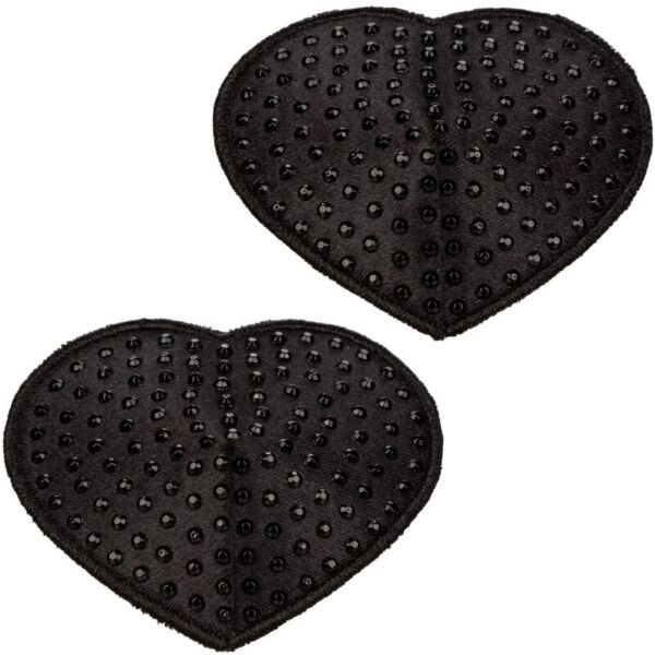 Acoperitoare pentru sfârcuri Radiance Pasties Heart de la CalExotics, două inimi negre cu pietre