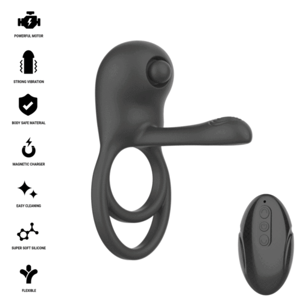 Inel vibrator Intense Spike negru, cu stimulatorul de clitoris și telecomanda