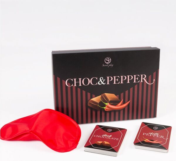 Jocul erotic de cărți Secret Play Choc & Pepper, cu cărțile de ciocolată și de picant și banda pentru ochi