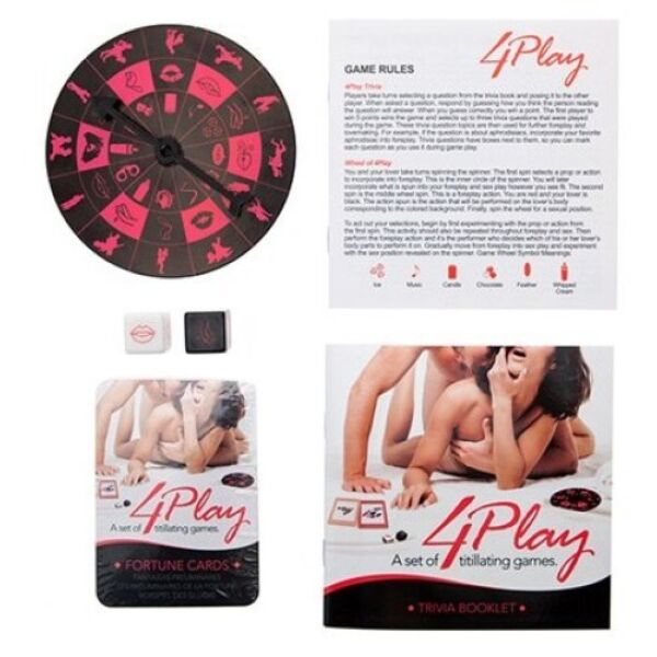 Set de jocuri erotice Kheper Games 4Play, cu cutia, cărțile, zarurile și ruleta