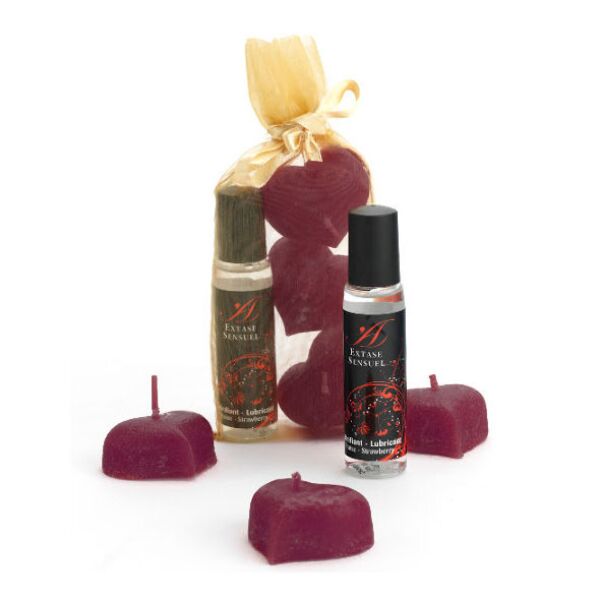 Kit Extase Sensuel Noches de Seda cu lumânările în formă de petală și flaconul de gel lubrifiant cu căpșuni