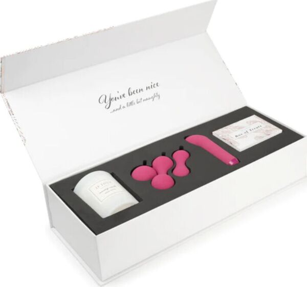 Set cadou Je Joue Nice & Naughty cu vibratorul bullet, bilele Ami, lumânarea de masaj și cutia cu cartonașe