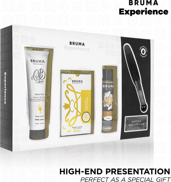 Set erotic Bruma Xperience Sweet Temptation cu vibrator lichid, lubrifiant, ulei, pană și legătură pentru ochi